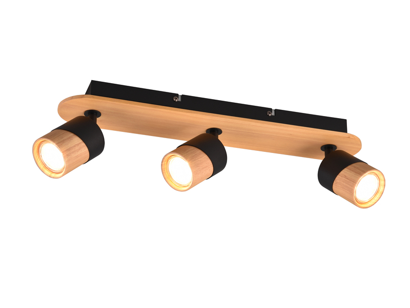 LED Deckenstrahler 3-flammig, Naturholz & Metall Schwarz, Breite 48cm