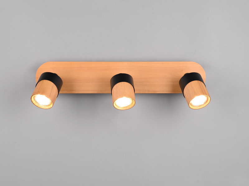 LED Deckenstrahler 3-flammig, Naturholz & Metall Schwarz, Breite 48cm