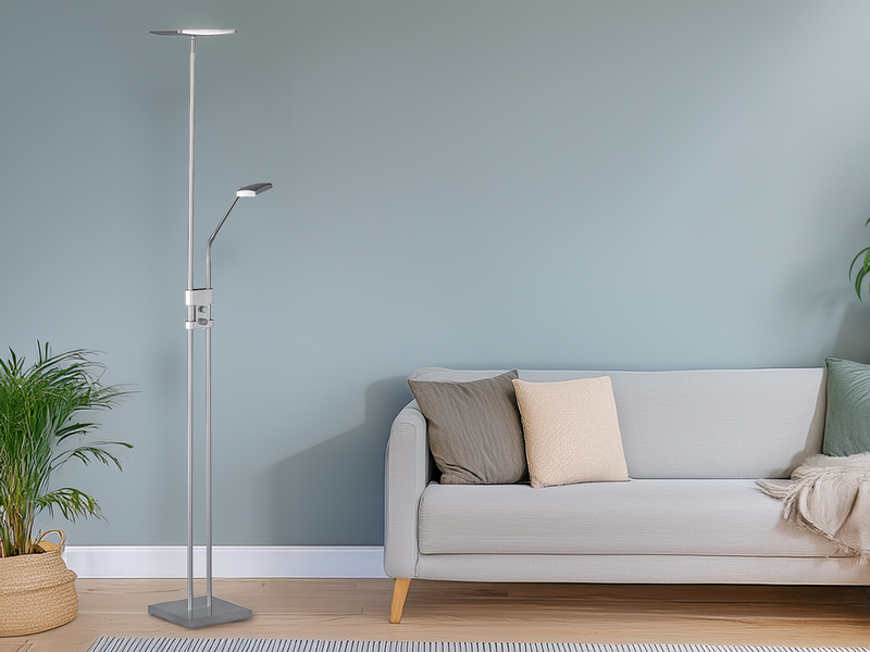 Moderner LED Deckenfluter dimmbar mit Leselampe, Silber Höhe 185cm