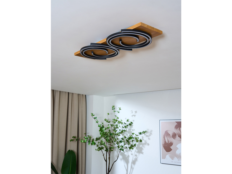 LED Deckenleuchte RIFIA Licht-Schnecke Schwarz, Holzbrett 70x20cm