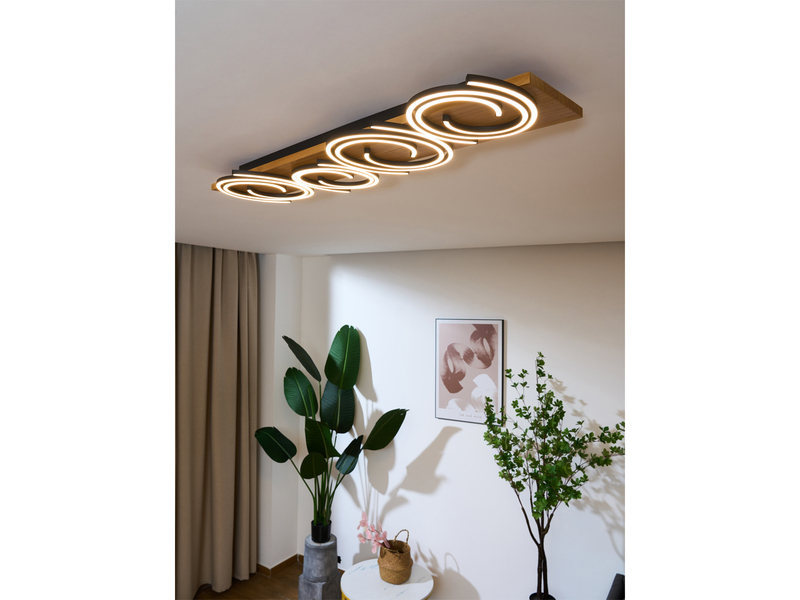 LED Deckenleuchte RIFIA Licht-Schnecke Schwarz, Holzbrett 115x20cm