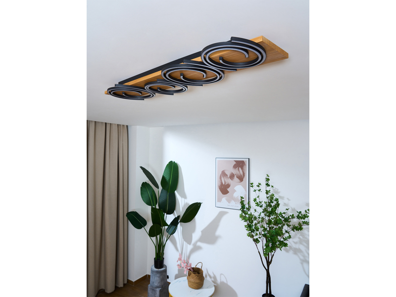 LED Deckenleuchte RIFIA Licht-Schnecke Schwarz, Holzbrett 115x20cm