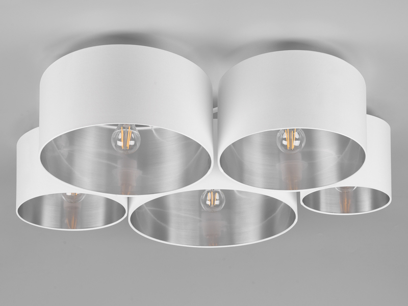 LED Deckenleuchte 5-flammig, Stoff Lampenschirme Weiß Silber, Breite 90cm