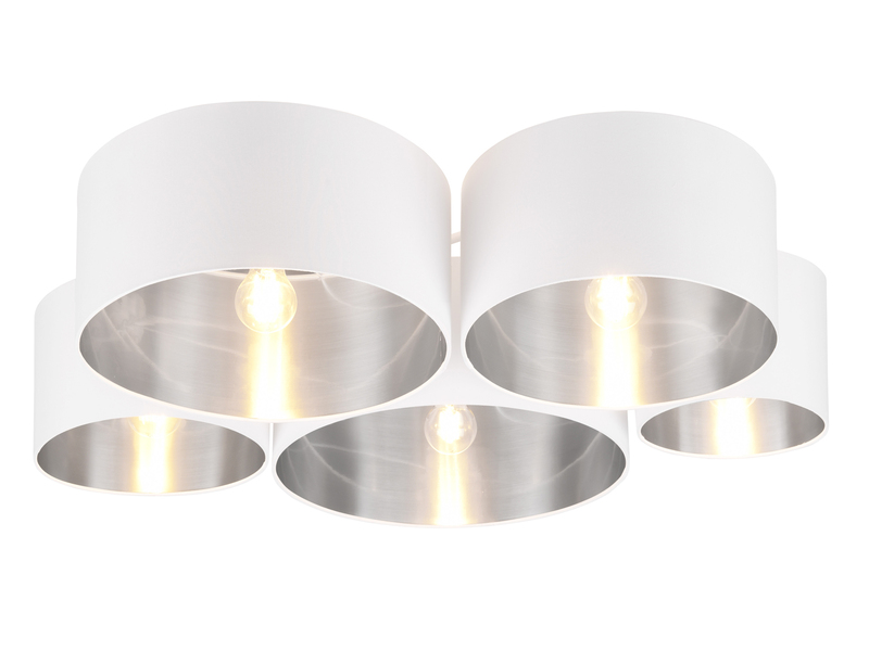 LED Deckenleuchte 5-flammig, Stoff Lampenschirme Weiß Silber, Breite 90cm