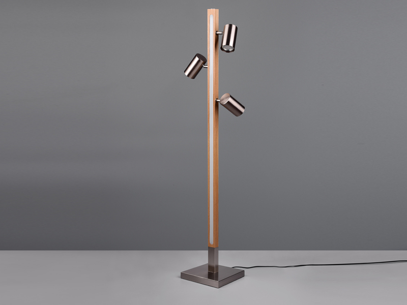 LED Stehlampe Holz / Silber matt, 3 Spots schwenkbar, Höhe 130cm