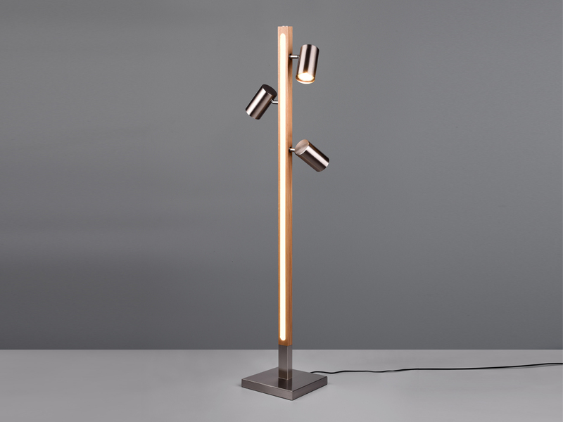 LED Stehlampe Holz / Silber matt, 3 Spots schwenkbar, Höhe 130cm