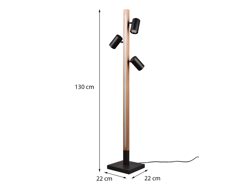 LED Stehlampe Holz / Schwarz matt, 3 Spots schwenkbar, Höhe 130cm