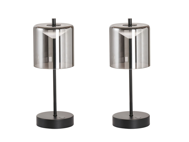 2er SET kabellose Tischlampen Schwarz / Rauchglas mit Touchdimmer, Höhe 34,5cm