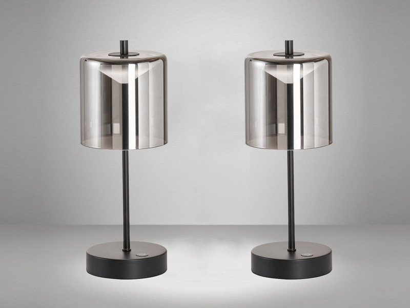 2er SET kabellose Tischlampen Schwarz / Rauchglas mit Touchdimmer, Höhe 34,5cm