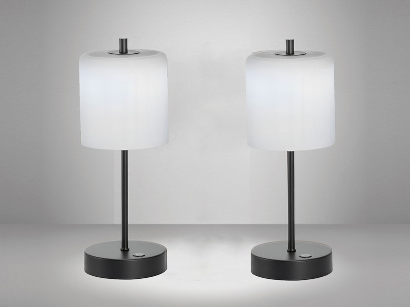 2er SET kabellose Tischlampen Schwarz / Opalglas mit Touchdimmer, Höhe 34,5cm