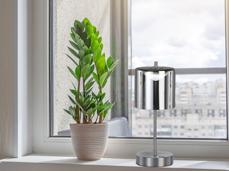 Kabellose Akku Tischleuchte RIVA Silber / Rauchglas dimmbar, Höhe 34,5cm