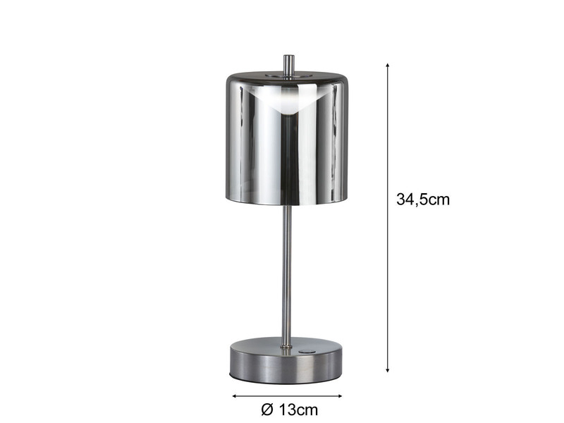 2er SET kabellose Tischlampen Silber / Rauchglas mit Touchdimmer, Höhe 34,5cm