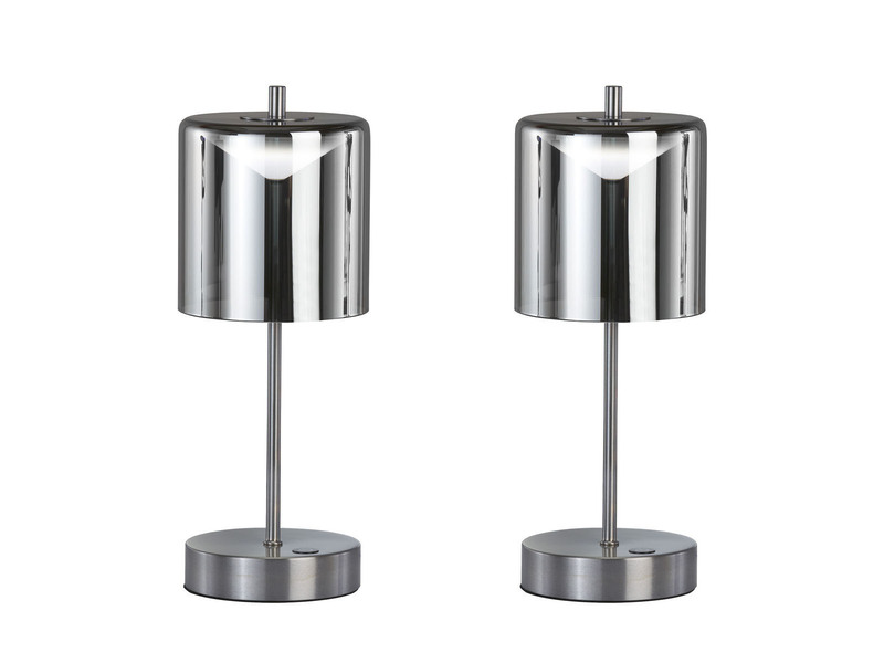 2er SET kabellose Tischlampen Silber / Rauchglas dimmbar, Höhe 34,5cm