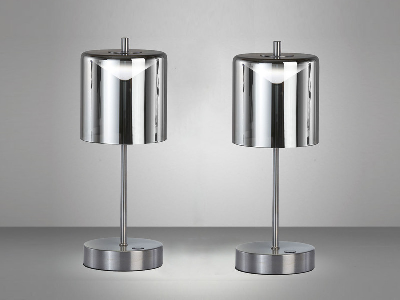 2er SET kabellose Tischlampen Silber / Rauchglas dimmbar, Höhe 34,5cm