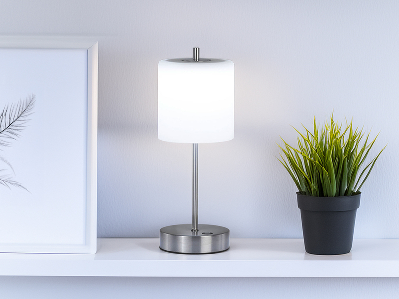 Kabellose Tischleuchte RIVA Silber / Opalglas mit Touchdimmer, Höhe 34,5cm