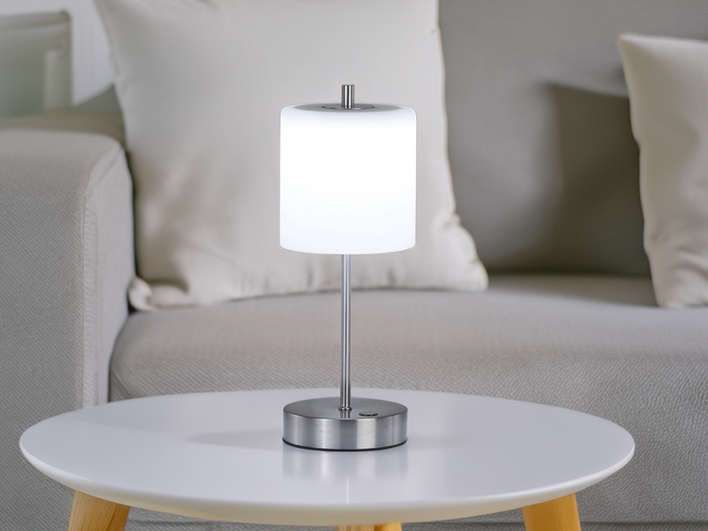 Kabellose Akku Tischleuchte RIVA Silber / Opalglas dimmbar, Höhe 34,5cm