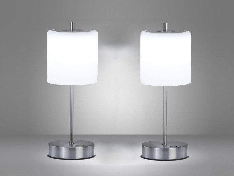 2er SET kabellose Tischlampen Silber / Opalglas dimmbar, Höhe 34,5cm
