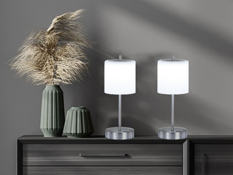 2er SET kabellose Tischlampen Silber / Opalglas dimmbar, Höhe 34,5cm