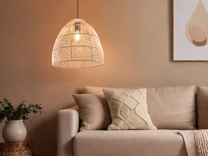 LED Pendelleuchte 1-flammig Lampenschirm Korbgeflecht aus Rattan, Ø 35cm