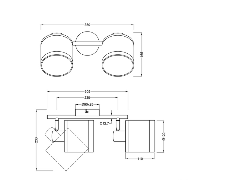 Wand- & Deckenstrahler DAVOS mit Stoffschirmen in Weiß/Grau, Breite 35cm