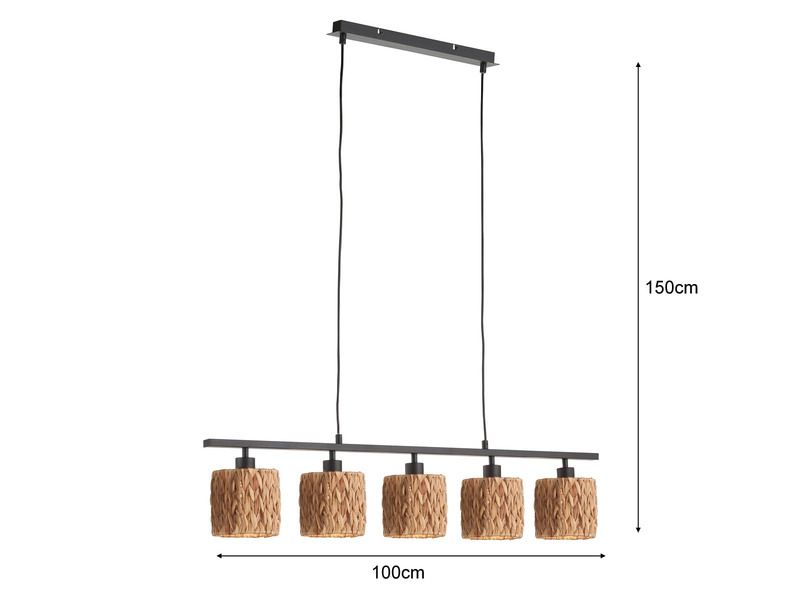 LED Pendelleuchte 5 flammig 100cm lang mit Lampenschirmen aus Seegras