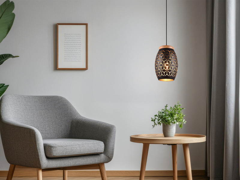Kleine Pendelleuchte BIDAR 1-flammig Schwarz Gold mit Dekorstanzung Ø 15cm