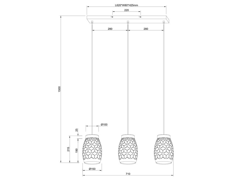 Pendelleuchte BIDAR 3-flammig Schirme Metall Weiß mit Dekorstanzung, Breite 71cm
