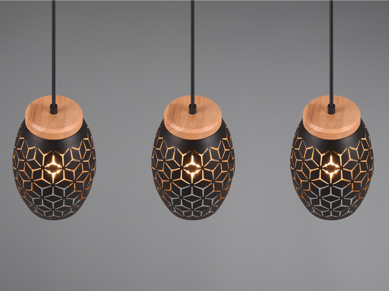 Pendelleuchte BIDAR 3-flammig Schwarz Gold mit Dekorstanzung, Breite 71cm