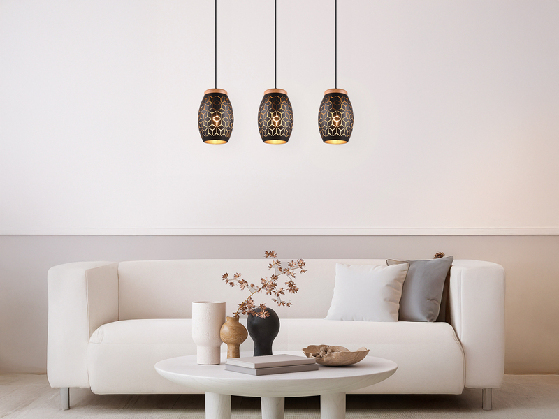 Pendelleuchte BIDAR 3-flammig Schwarz Gold mit Dekorstanzung, Breite 71cm