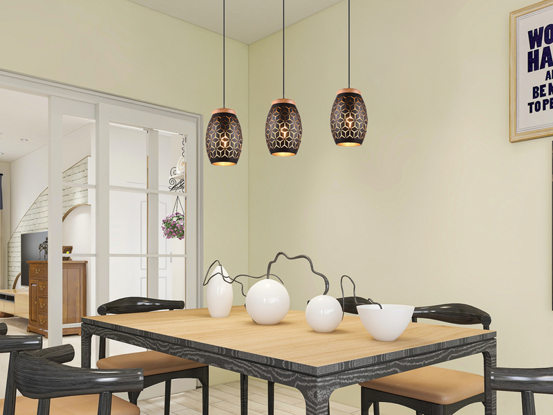 Pendelleuchte BIDAR 3-flammig Schwarz Gold mit Dekorstanzung, Breite 71cm