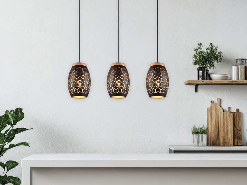Pendelleuchte BIDAR 3-flammig Schwarz Gold mit Dekorstanzung, Breite 71cm