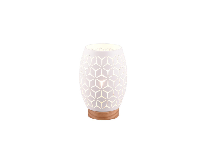 Kleine Tischlampe BIDAR Metall Weiß mit Dekorstanzung & Holzfuß, Höhe 21cm