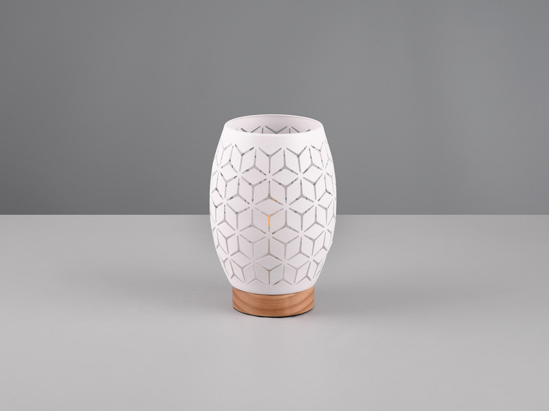 Kleine Tischlampe BIDAR Metall Weiß mit Dekorstanzung & Holzfuß, Höhe 21cm