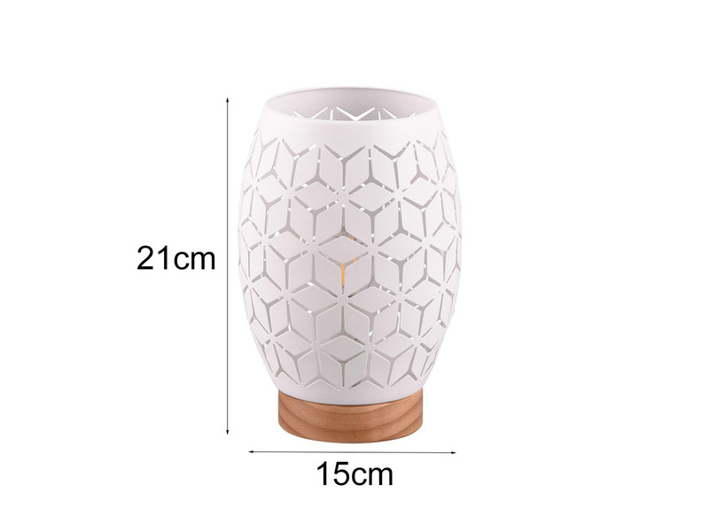 Kleine Tischlampe BIDAR Metall Weiß mit Dekorstanzung & Holzfuß, Höhe 21cm