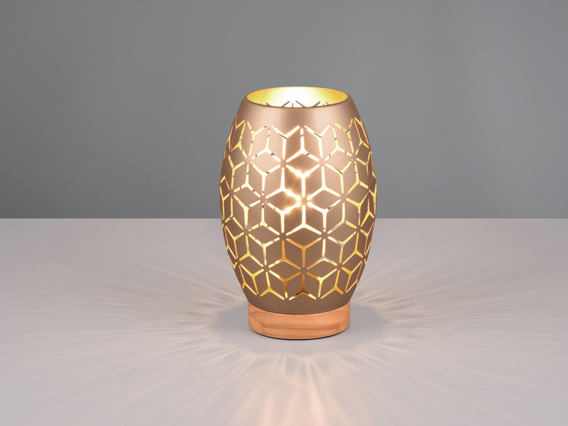 Kleine Tischlampe BIDAR Metall Coffee mit Dekorstanzung & Holzfuß, Höhe 21cm