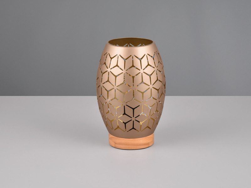 Kleine Tischlampe BIDAR Metall Coffee mit Dekorstanzung & Holzfuß, Höhe 21cm