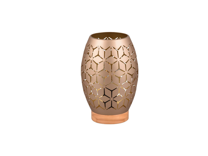 Kleine Tischlampe BIDAR Metall Coffee mit Dekorstanzung & Holzfuß, Höhe 21cm