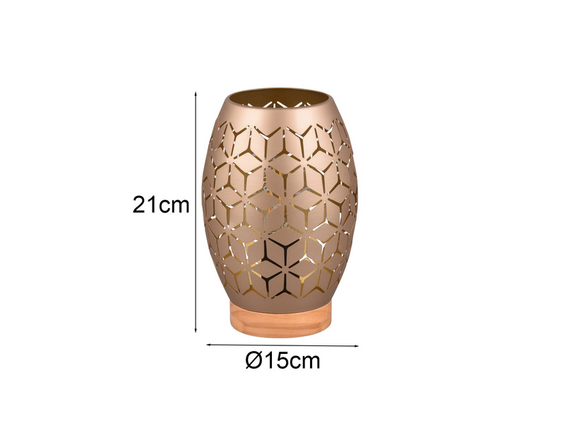 Kleine Tischlampe BIDAR Metall Coffee mit Dekorstanzung & Holzfuß, Höhe 21cm