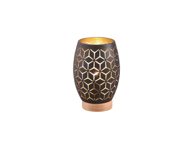 Kleine Tischlampe BIDAR Schwarz Gold mit Dekorstanzung & Holzfuß, Höhe 21cm