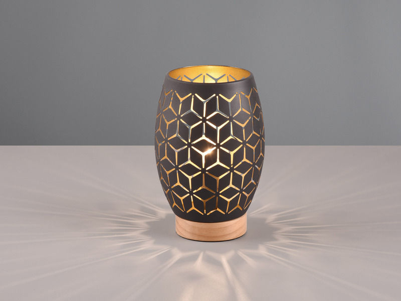 Kleine Tischlampe BIDAR Schwarz Gold mit Dekorstanzung & Holzfuß, Höhe 21cm
