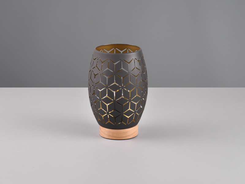 Kleine Tischlampe BIDAR Schwarz Gold mit Dekorstanzung & Holzfuß, Höhe 21cm