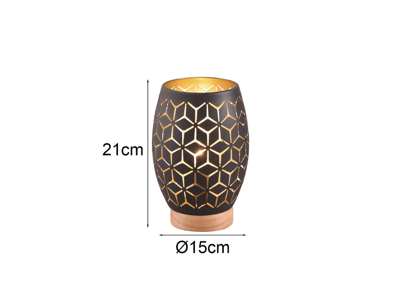 Kleine Tischlampe BIDAR Schwarz Gold mit Dekorstanzung & Holzfuß, Höhe 21cm