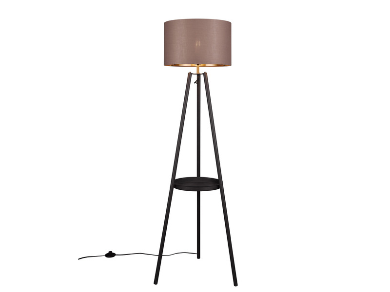 Tripod Stehlampe COLETTE E27 Stoffschirm Taupe/Gold & Ablagetisch, Höhe 152cm
