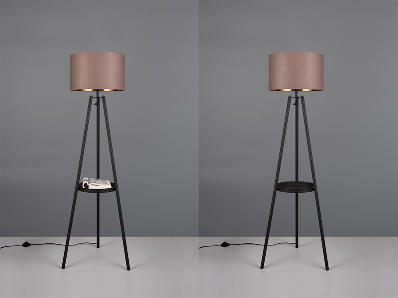 Tripod Stehlampe COLETTE E27 Stoffschirm Taupe/Gold & Ablagetisch, Höhe 152cm