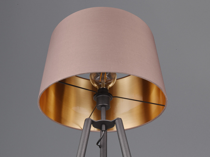 Tripod Stehlampe COLETTE E27 Stoffschirm Taupe/Gold & Ablagetisch, Höhe 152cm