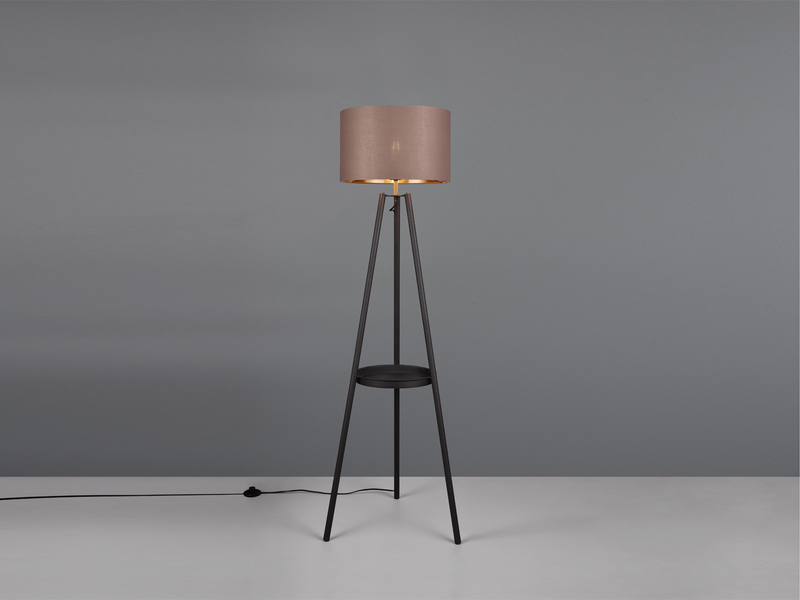 Tripod Stehlampe COLETTE E27 Stoffschirm Taupe/Gold & Ablagetisch, Höhe 152cm