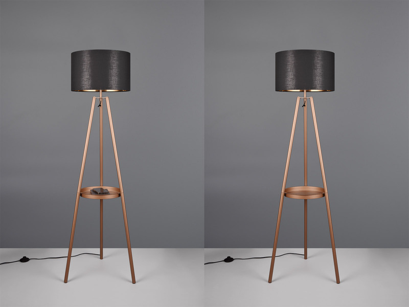 Tripod Stehleuchte COLETTE mit Stoffschirm Schwarz/Gold & Ablagetisch Höhe 152cm
