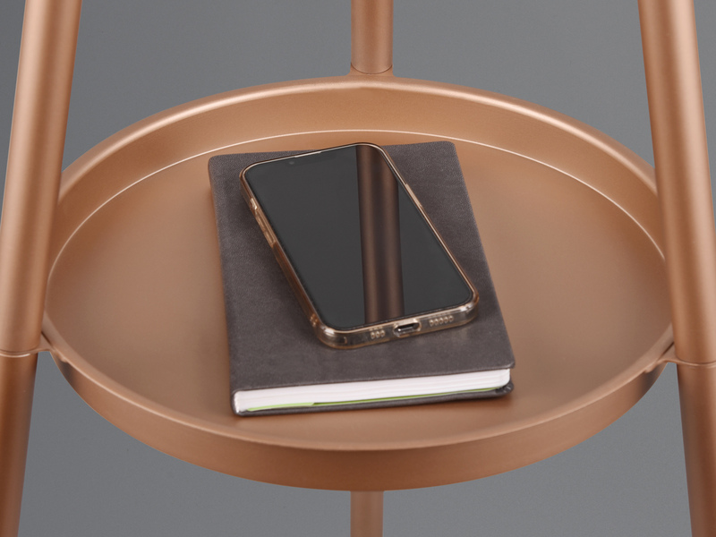 Tripod Stehleuchte COLETTE mit Stoffschirm Schwarz/Gold & Ablagetisch Höhe 152cm