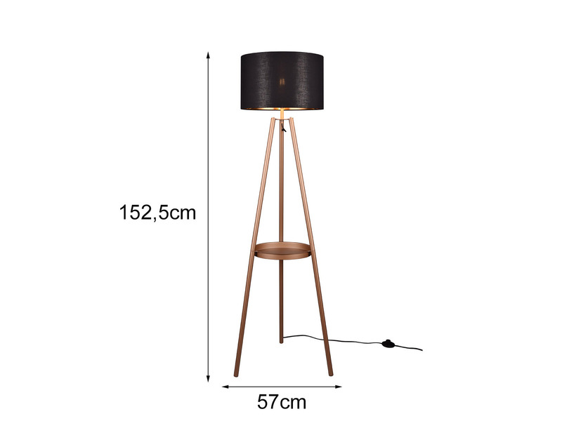 Tripod Stehleuchte COLETTE mit Stoffschirm Schwarz/Gold & Ablagetisch Höhe 152cm