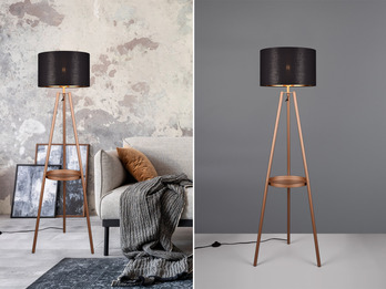 Tripod Stehleuchte COLETTE mit Stoffschirm Schwarz/Gold & Ablagetisch Höhe 152cm Tripod Stehleuchte COLETTE mit Stoffschirm Schwarz/Gold & Ablagetisch Höhe 152cm